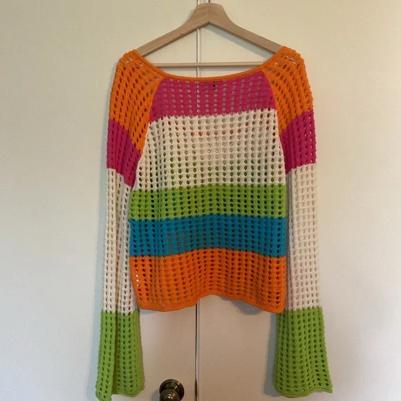 Wild Fable Granny Crochet Striped Rainbow Wide Sleeved Casual Top Shirt Size L - Picture 4 of 9